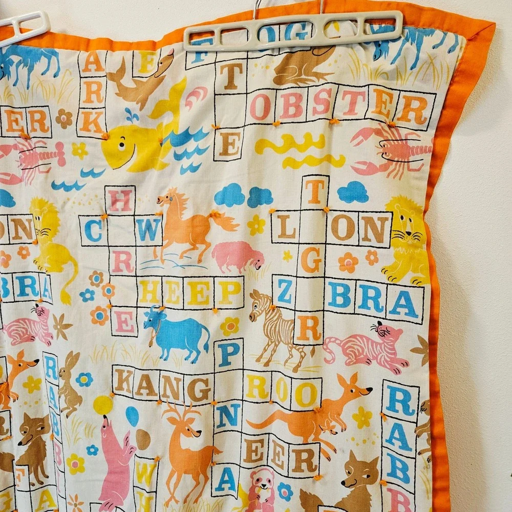 Vintage Animal Alphabet Crossword Quilted Baby Blanket Orange Trim 33x47